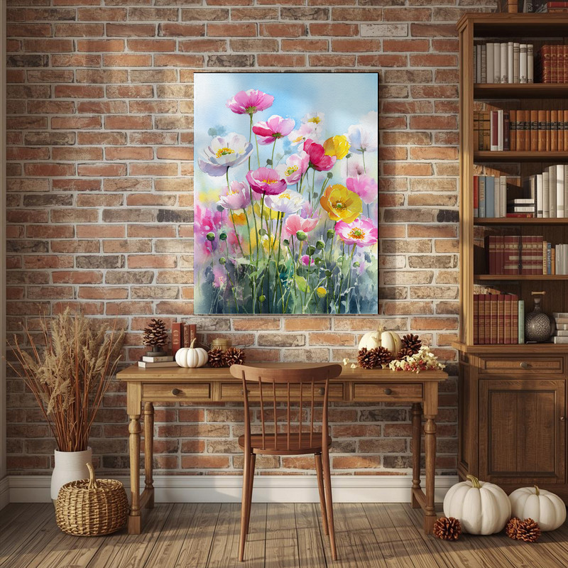 Anemone garden canvas wall art under afternoon sun, vibrant petals, subtle shadows, and breezy movement suggest joyful calm