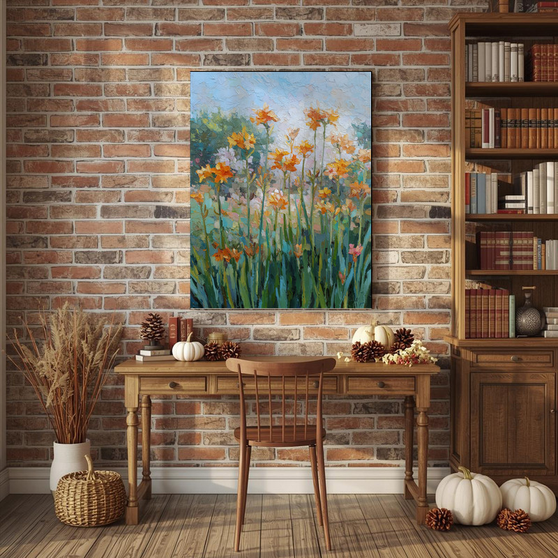 Sunny Day Amaryllis Garden watercolor canvas wall art with sunlit florals and soft greens, an accent for home office