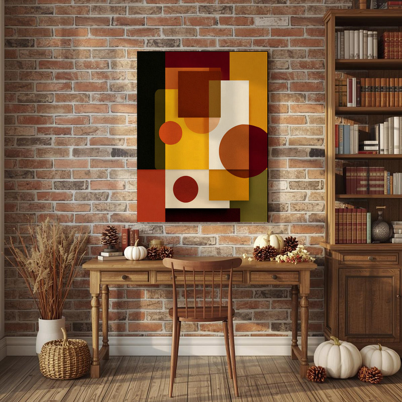 Thanksgiving canvas wall art, minimalist abstract for dorm decor, bold rust and ochre color blocks with crisp edges, landscape
