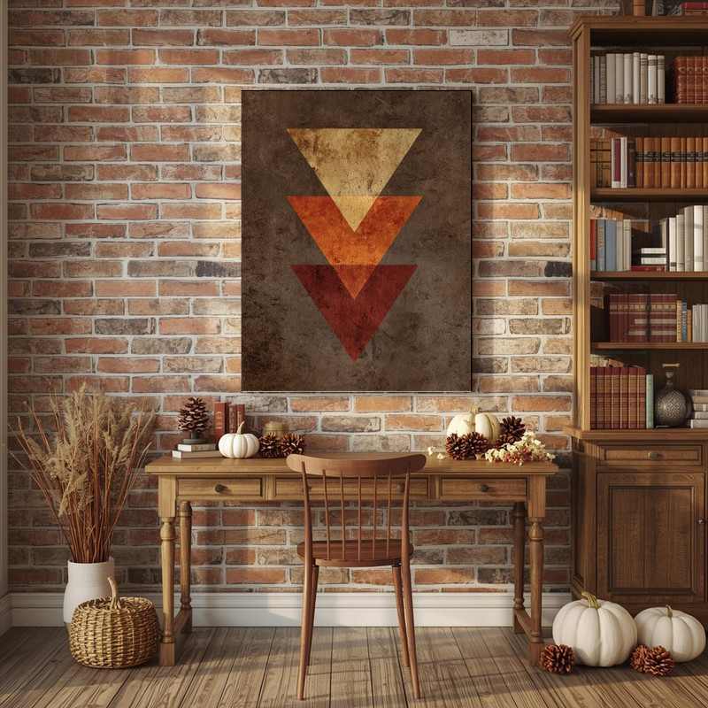 Thanksgiving geometric canvas wall art, minimalist fall harvest icons, deep burgundy and gold tones, square dorm decor