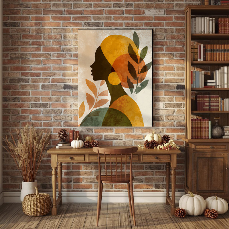 Thanksgiving inspired minimalist woman canvas wall art, monochrome linework on tan, calm aesthetic for dorm room decor