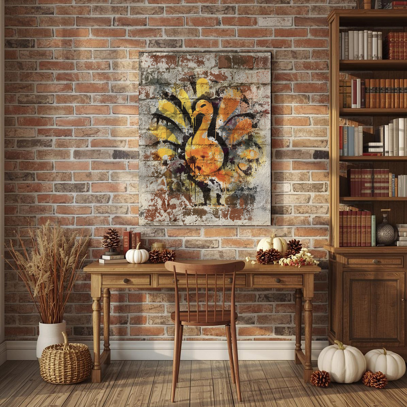 Thanksgiving turkey graffiti canvas wall art with sketched character and street tags, cool holiday decor for dorm