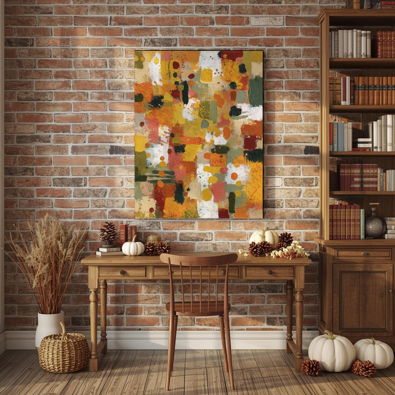 Thanksgiving vibes abstract expressionist canvas wall art, bold color blocks and splatters in fall tones for cozy dorm decor