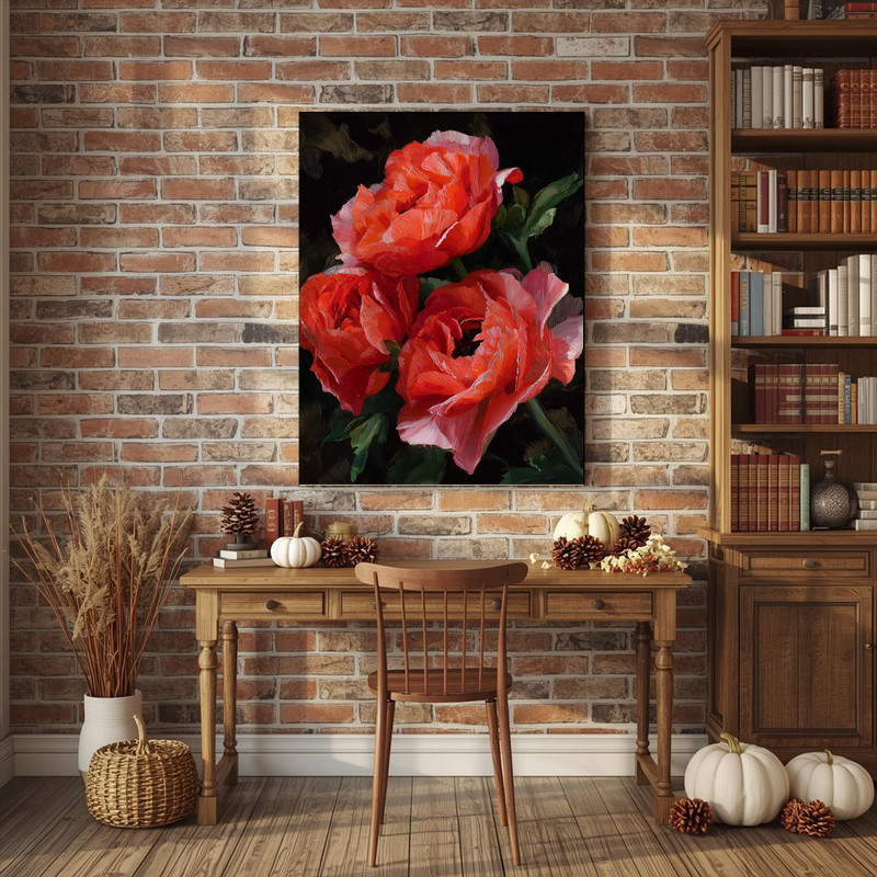 Ranunculus botanical canvas wall art, warm gold and coral tones with subtle painterly strokes, landscape for dining room decor