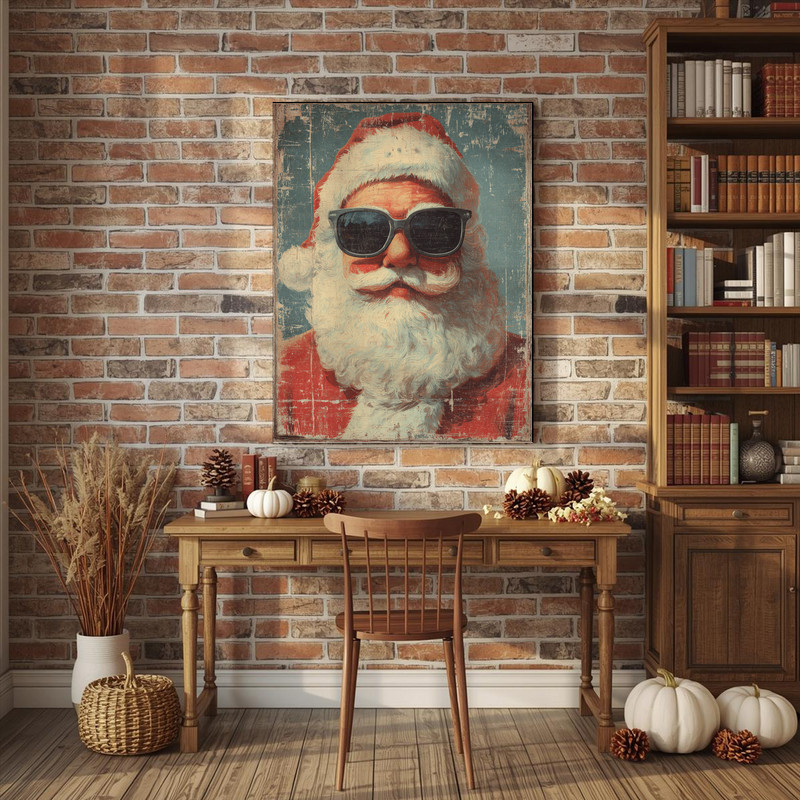 Vintage retro funny Santa portrait canvas wall art, cream and crimson hues and vintage texture for dorm holiday decor Vintage retro funny Santa portrait canvas wall art, cream and crimson hues and vintage texture for dorm holiday decor