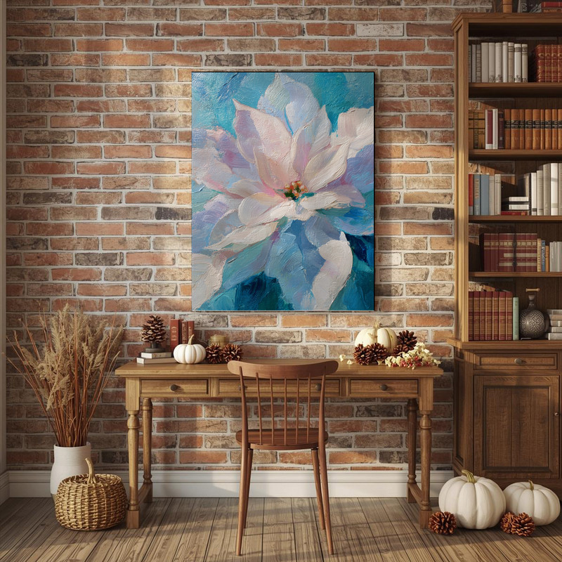White poinsettias portrait canvas wall art, minimalist oil painting with creamy petals and greens for a calming bedroom