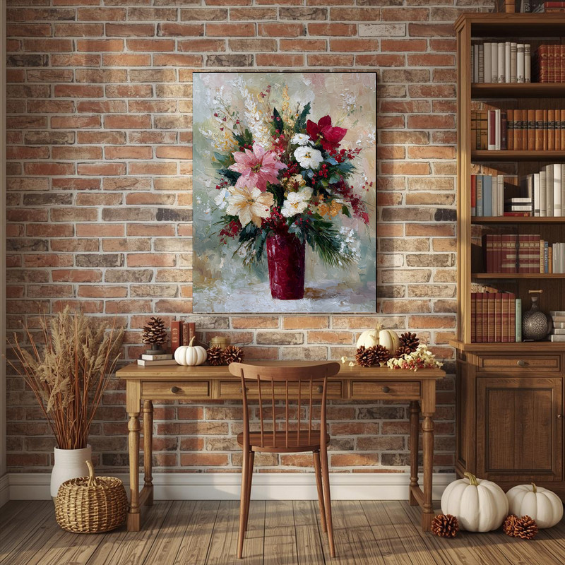 Winter vase canvas wall art, cool-toned palette with evergreen foliage, holiday accent ideal for dorm areas Winter vase canvas wall art, cool-toned palette with evergreen foliage, holiday accent ideal for dorm areas