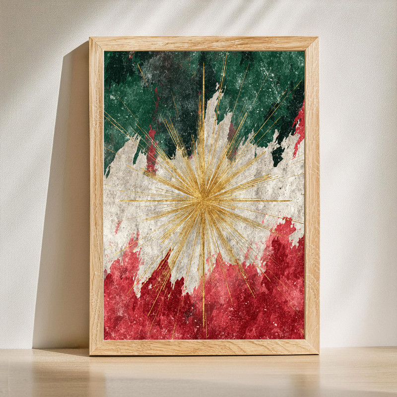 Abstract Christmas Star canvas wall art with geometric gold accents on navy, vertical orientation, festive dorm room decor | Family Wall Decor