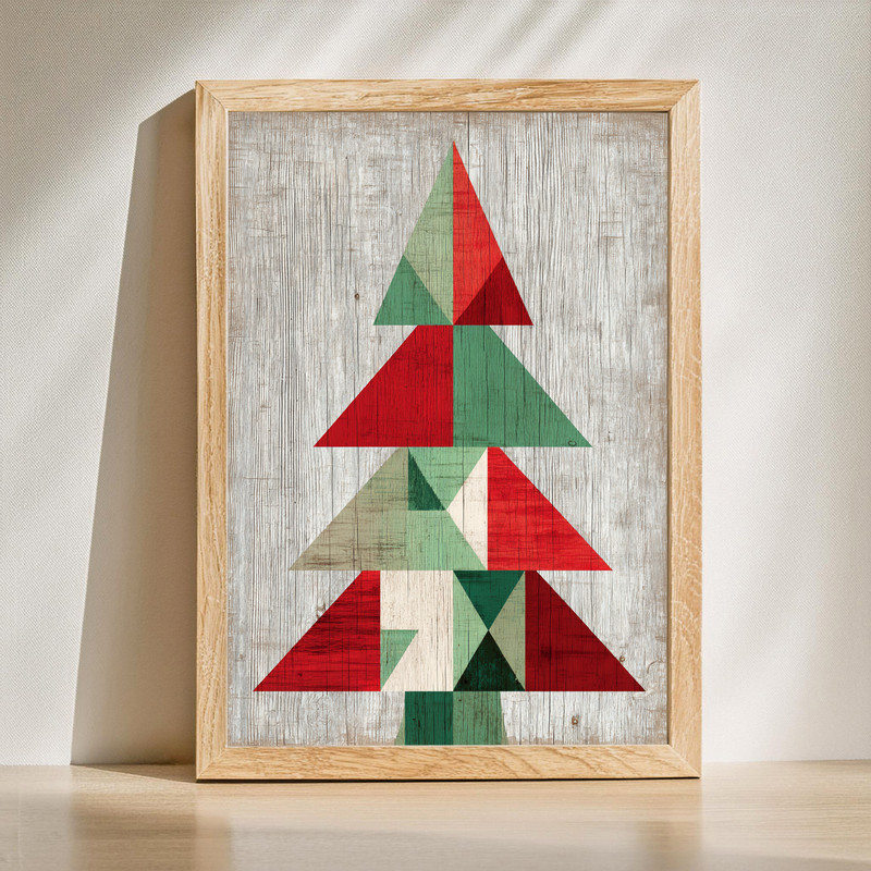 Abstract Christmas tree canvas wall art in green and gold geometric shapes, portrait orientation, festive touch for dorm room | Family Wall Decor