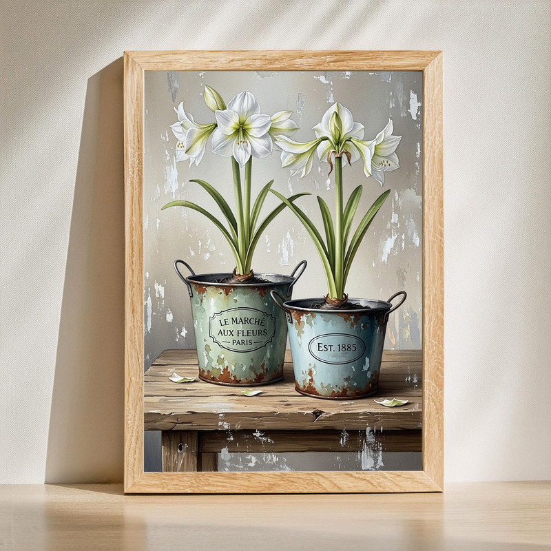 Amaryllis canvas wall art with multiple terracotta pots of red blooms, farmhouse on neutral background, landscape | Family Wall Decor