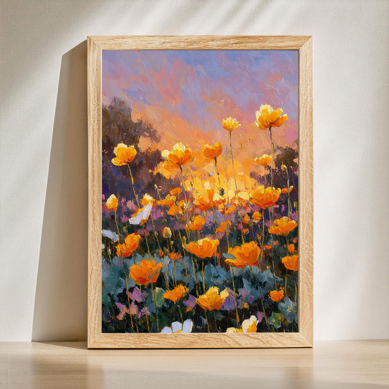 Amber Horizon canvas wall art with impressionist anemones beneath a glowing amber sunset, brushstrokes for room decor