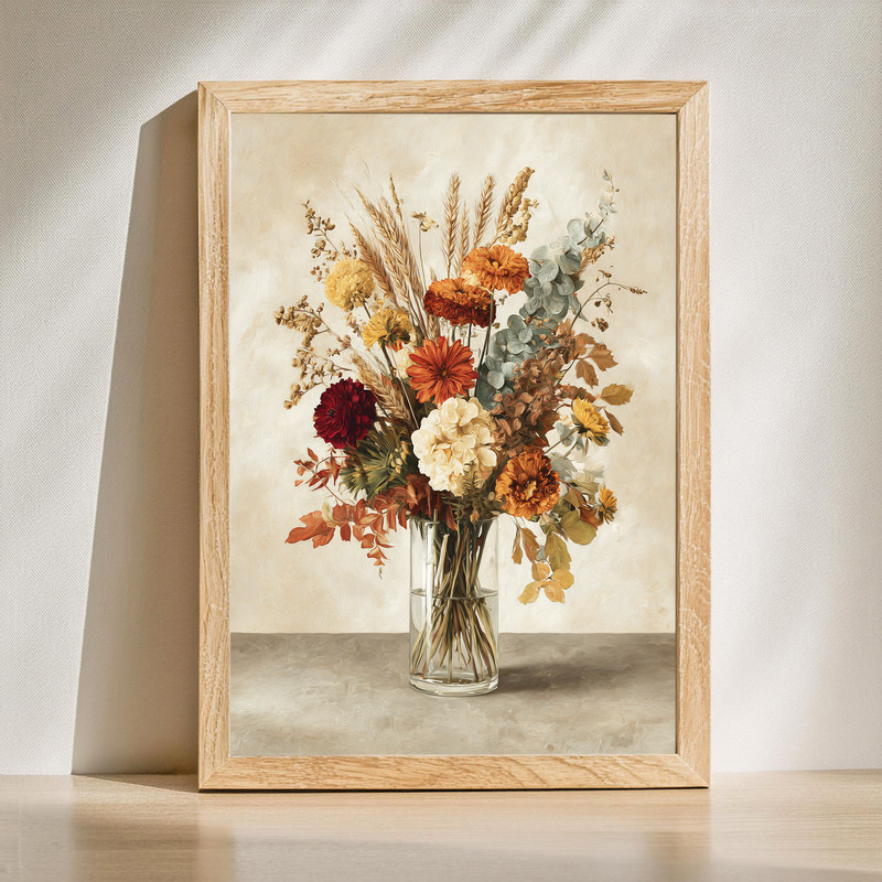 Autumn bloom canvas wall art with warm fall flowers in rust and gold tones, cozy botanical accent for stylish dorm decor | Family Wall Decor
