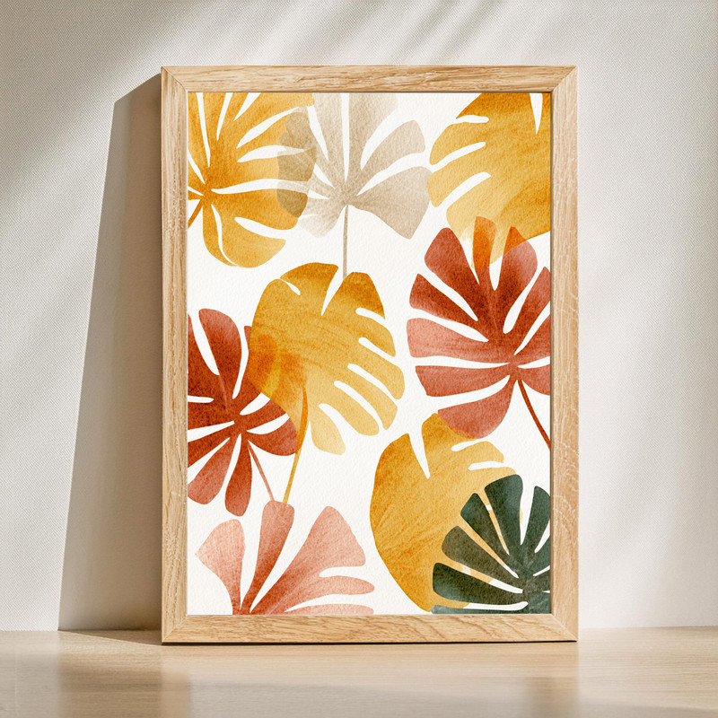 Autumn foliage tropics canvas wall art with burnt orange and deep green leaves, watercolor style for laundry room decor | Familywalldecor