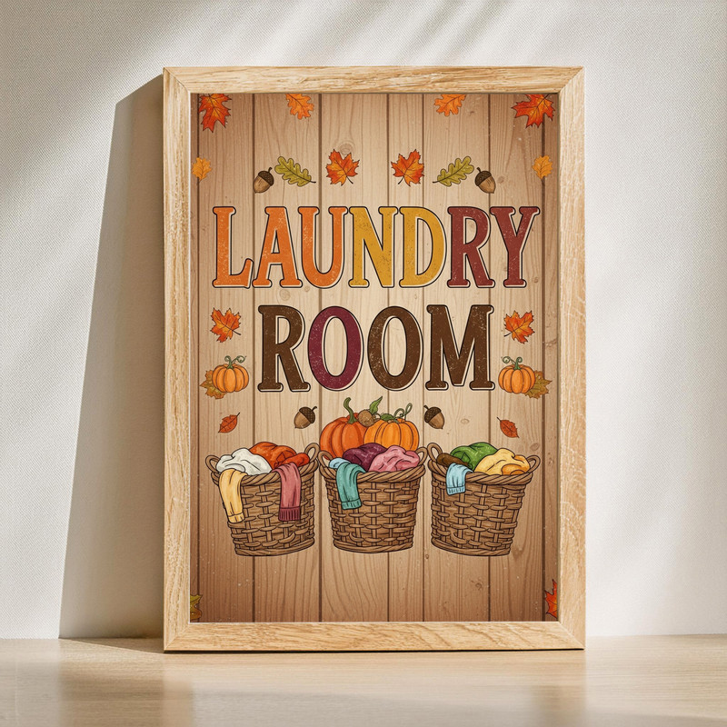 Autumn Harvest Laundry Roomwith Rustic Baskets With Pumpkins, Leaves – Farmhouse Laundry Room Decor Canvas Wall Art | Familywalldecor