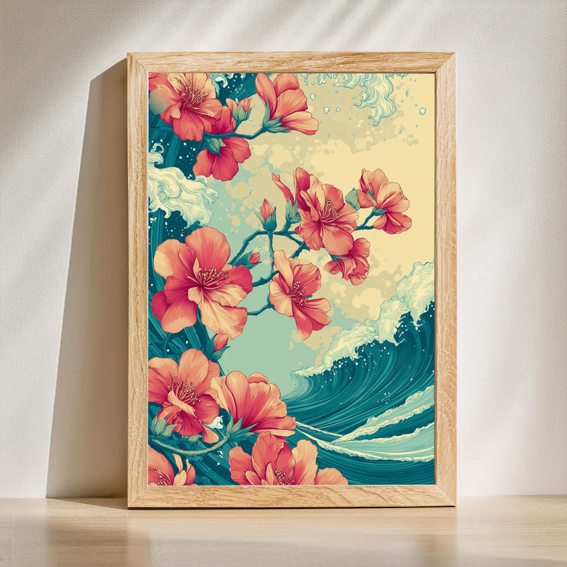 Azaleas and ocean waves floral canvas wall art, pink blooms and blue surf in a coastal palette, landscape orientation | Family Wall Decor