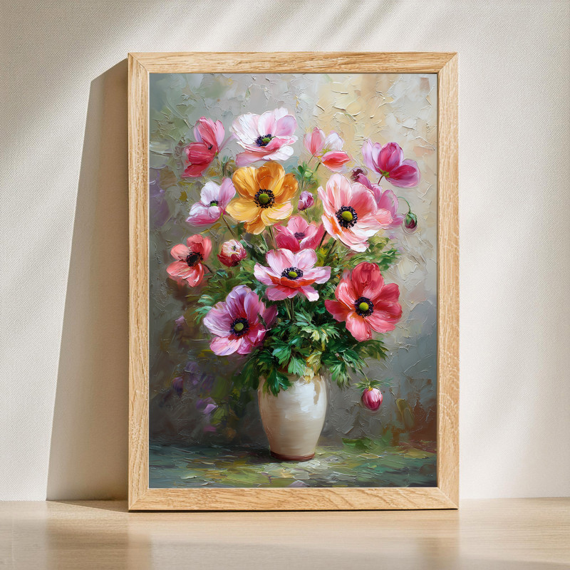 Anemones canvas wall art with delicate blooms arranged in a ceramic vase, adding soft floral charm to modern home decor. | Family Wall Decor