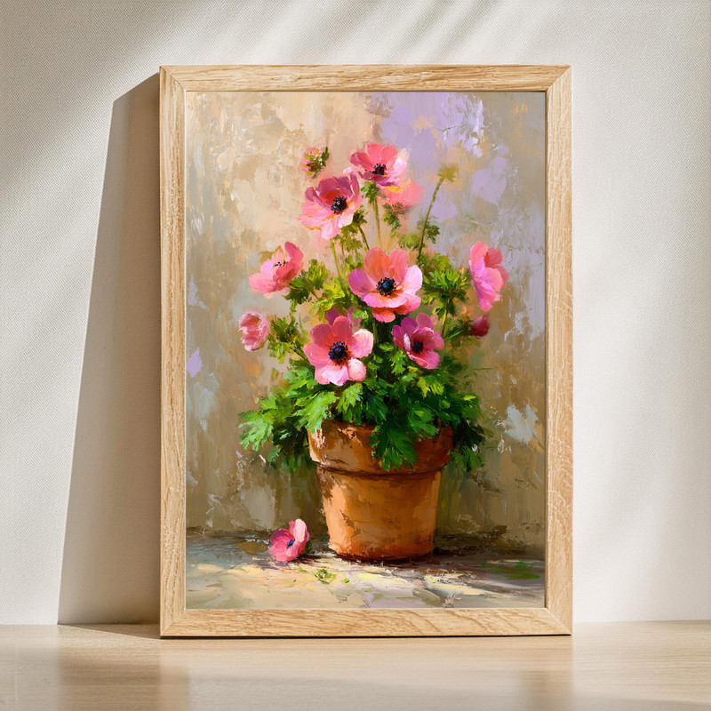 Anemones in a pot canvas wall art, floral still life with potted blossoms and a subtle background for timeless elegance | Family Wall Decor