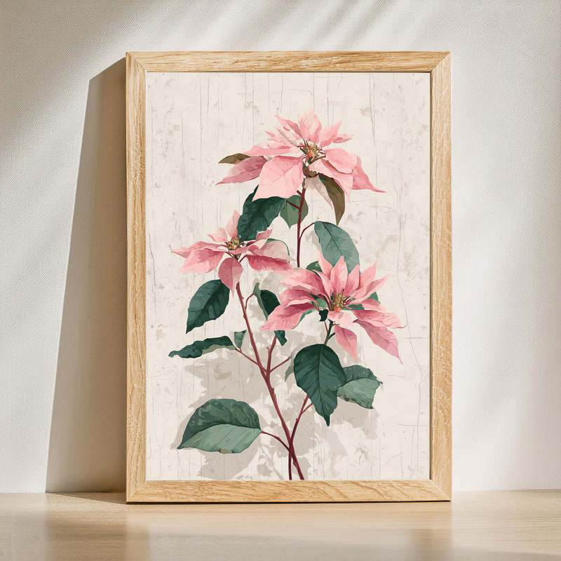 Blush pink poinsettias canvas wall art, vintage botanical illustration on ivory paper texture, portrait orientation