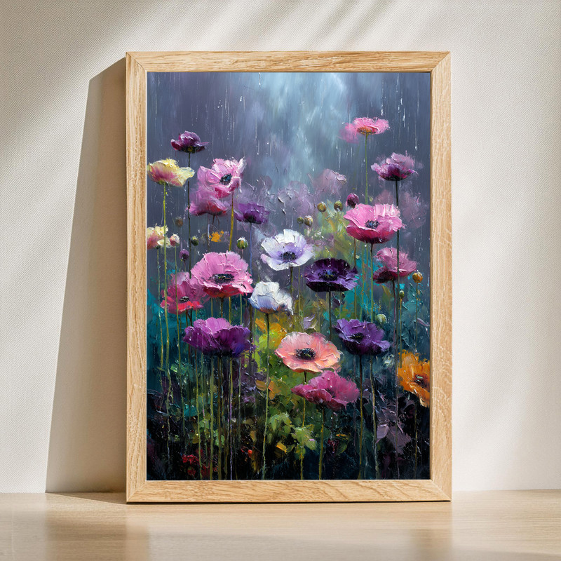 Anemone canvas wall art of white and purple blooms beneath stormy clouds, moody floral painting for dramatic modern decor | Family Wall Decor