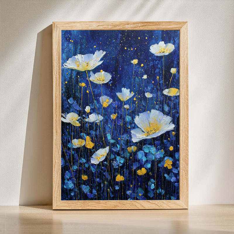 Celestial Garden canvas wall art with anemones beneath a starry night sky, floral scene in deep blue tones and violet accents | Familywalldecor