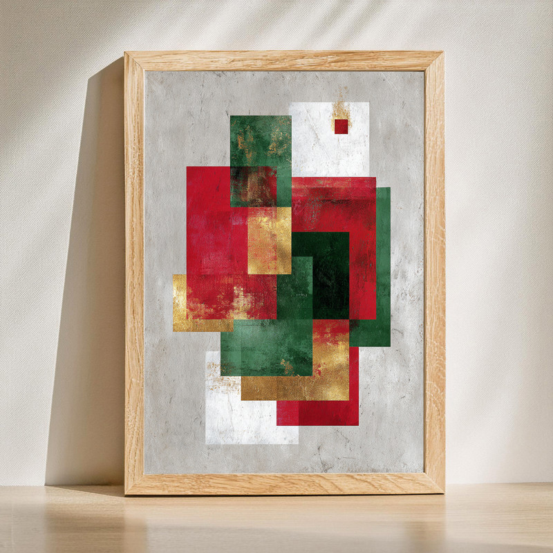 Christmas abstract canvas wall art with bold red and green shapes, modern dorm room decor on textured gallery-wrapped canvas | Family Wall Decor