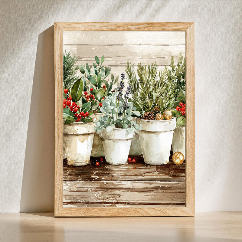 Christmas botanical pots canvas wall art featuring holly, pine, and poinsettia in planters for laundry room decor | Familywalldecor