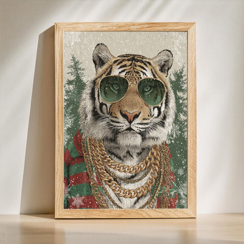 Christmas tiger canvas wall art, Santa hat and string lights, portrait gallery-wrapped canvas for festive dorm room decor