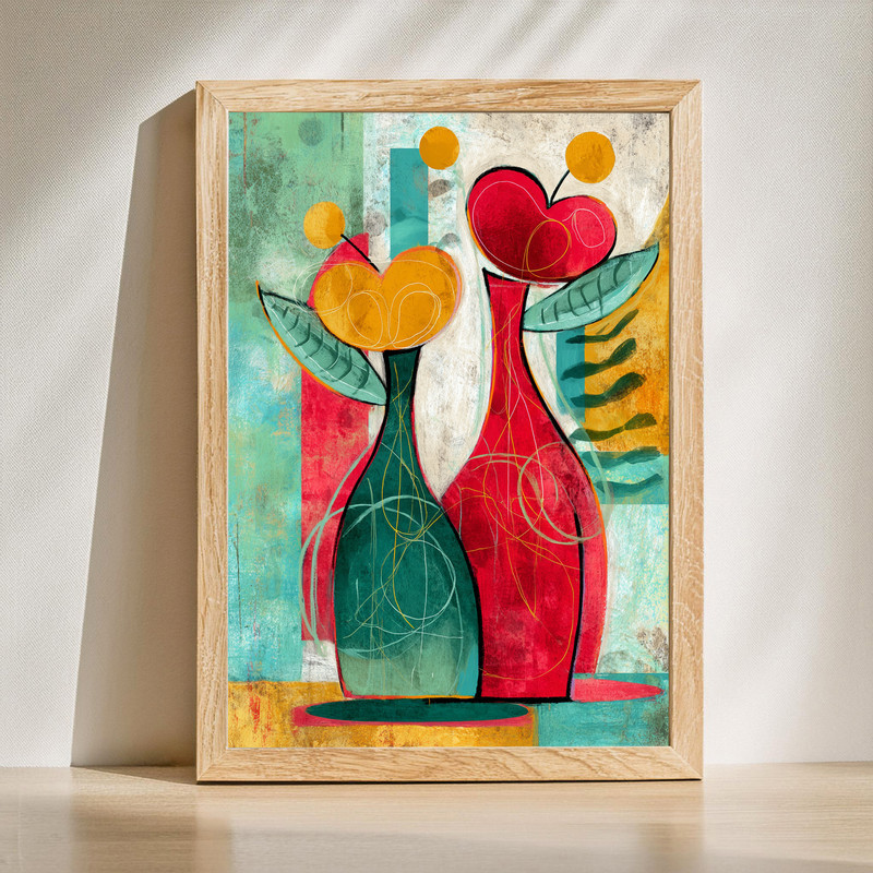 Abstract Christmas flower vase canvas wall art with festive red-green palette, ideal for dorm room decor, minimalist feel