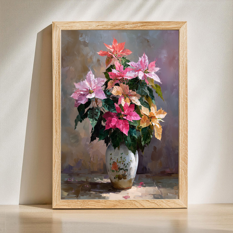 Colorful poinsettias vase canvas wall art, realistic oil painting of red blooms in a glass vase with lush green foliage | Family Wall Decor