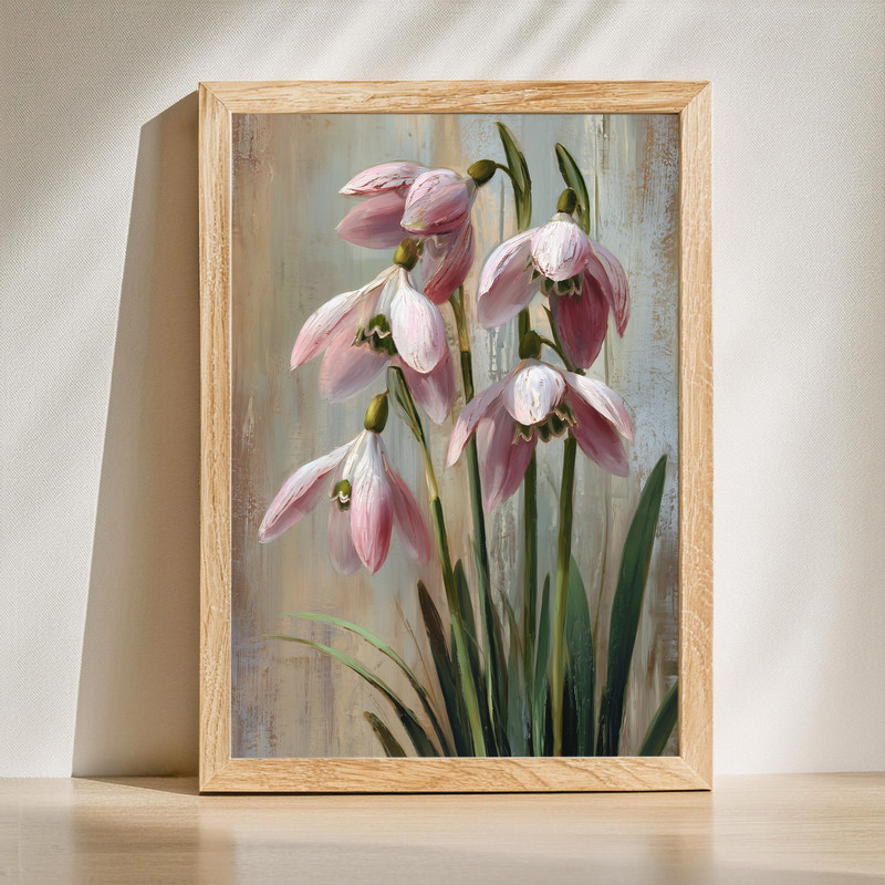 Coral Snowdrop Radiance oil painting canvas wall art featuring coral-lit snowdrops with brushstrokes and luminous contrast | Family Wall Decor