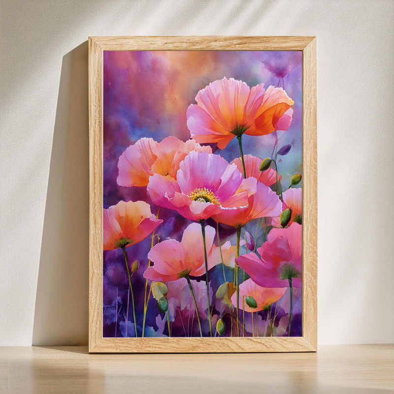 Anemones in the sunset glow canvas wall art, crimson dusk florals in warm gold and coral, landscape for living room decor | Family Wall Decor