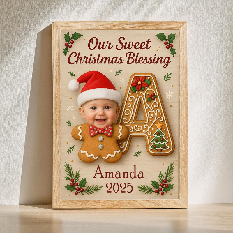 Baby gingerbread letter canvas wall art with monogram, personalized for baby’s first Christmas and sweet nursery decor | Family Wall Decor