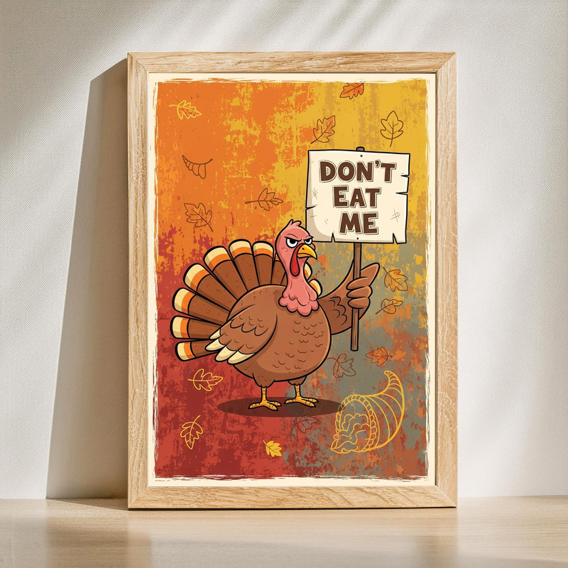 Funny Thanksgiving rustic canvas wall art with 'Don’t Eat Me' turkey meme, distressed typography, warm tones, perfect for dorm decor | Familywalldecor
