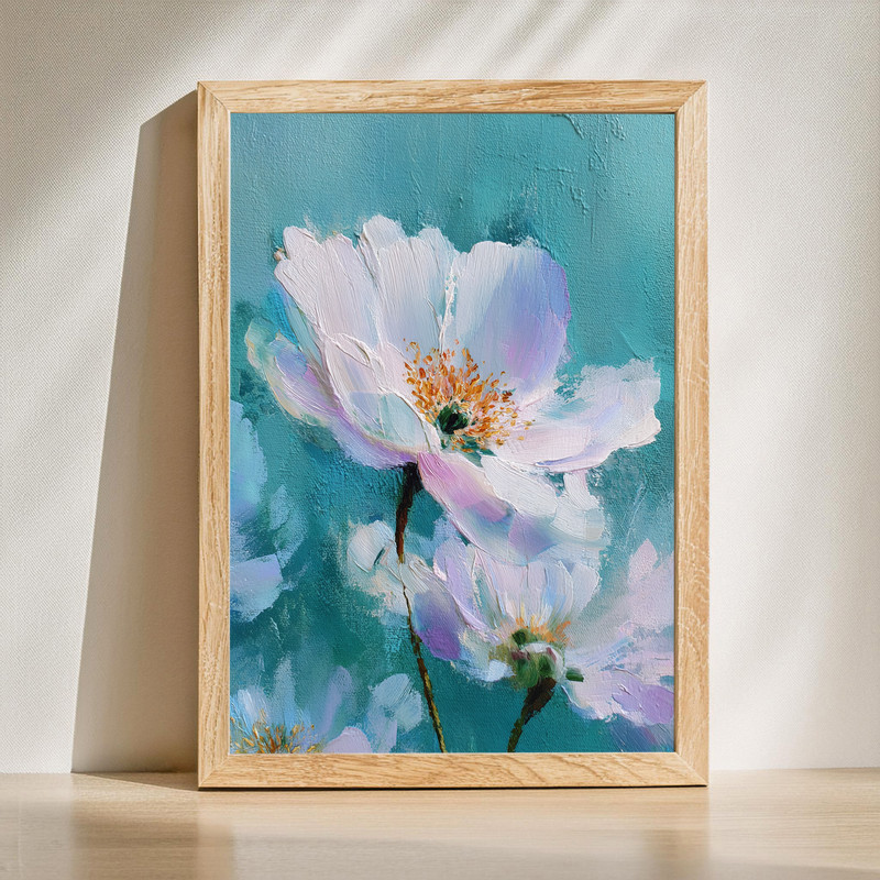 Single white anemone canvas wall art with soft petals and dark center, minimalist floral accent for serene bedroom decor | Family Wall Decor