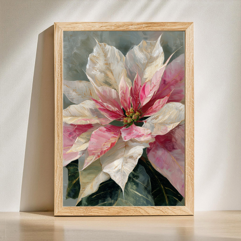 Dusty pink poinsettias portrait canvas wall art with rustic texture, botanical blooms and sage leaves in muted blush tones | Family Wall Decor