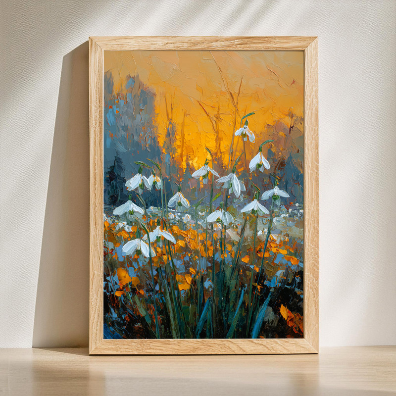 Dusty pink snowdrops canvas wall art, rustic botanical portrait on textured canvas, vertical design for serene living room decor | Family Wall Decor