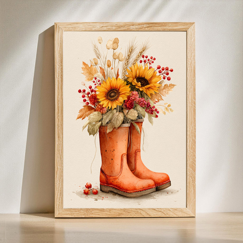 Fall floral boots canvas wall art, Thanksgiving watercolor for laundry room decor, portrait orientation, warm earth tones | Familywalldecor