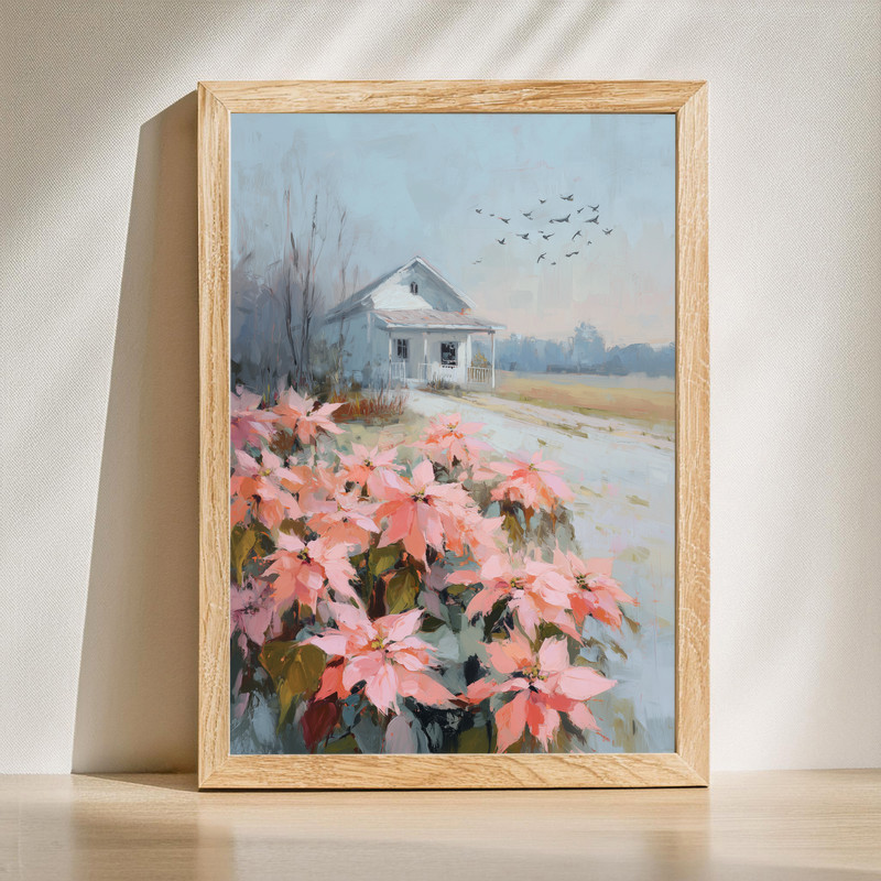 Farmhouse Morning With Poinsettias impressionist canvas wall art, rustic cottage scene with red blooms and soft sunrise light | Familywalldecor