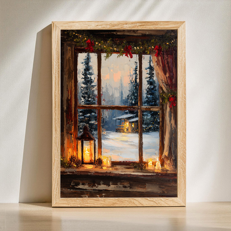Farmhouse snowy window view canvas wall art with rustic panes and winter trees, cozy neutral tones for dorm room decor | Family Wall Decor