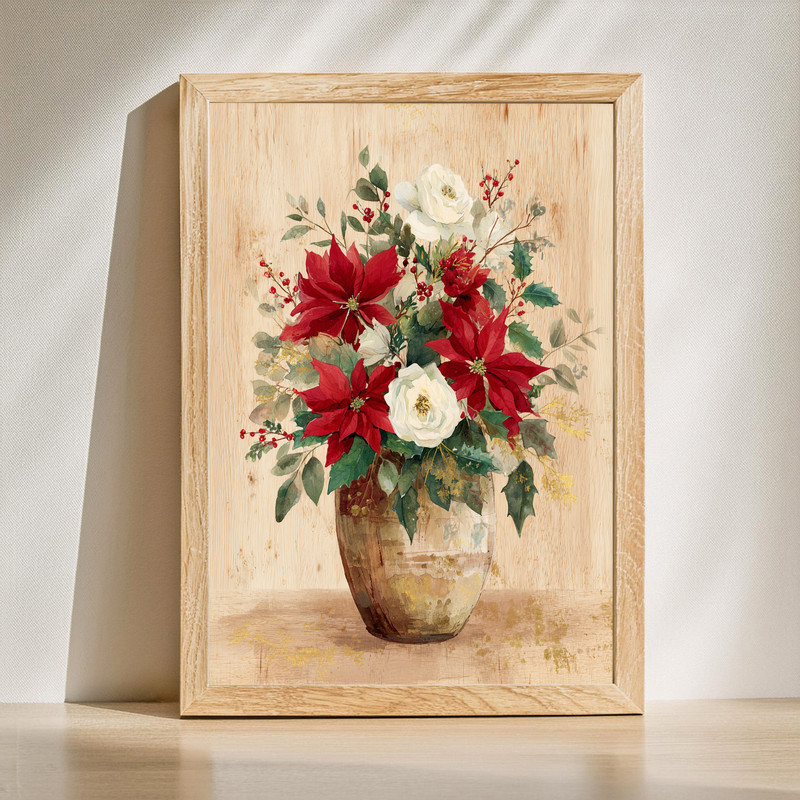 Festive farmhouse floral canvas wall art, rustic accent for dorm room decor with seasonal greenery and soft neutral blooms | Family Wall Decor