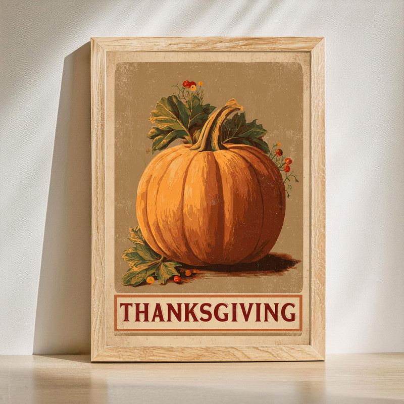 Giant pumpkin Thanksgiving canvas wall art, vintage rustic dorm decor in earthy tones with distressed texture, portrait | Familywalldecor