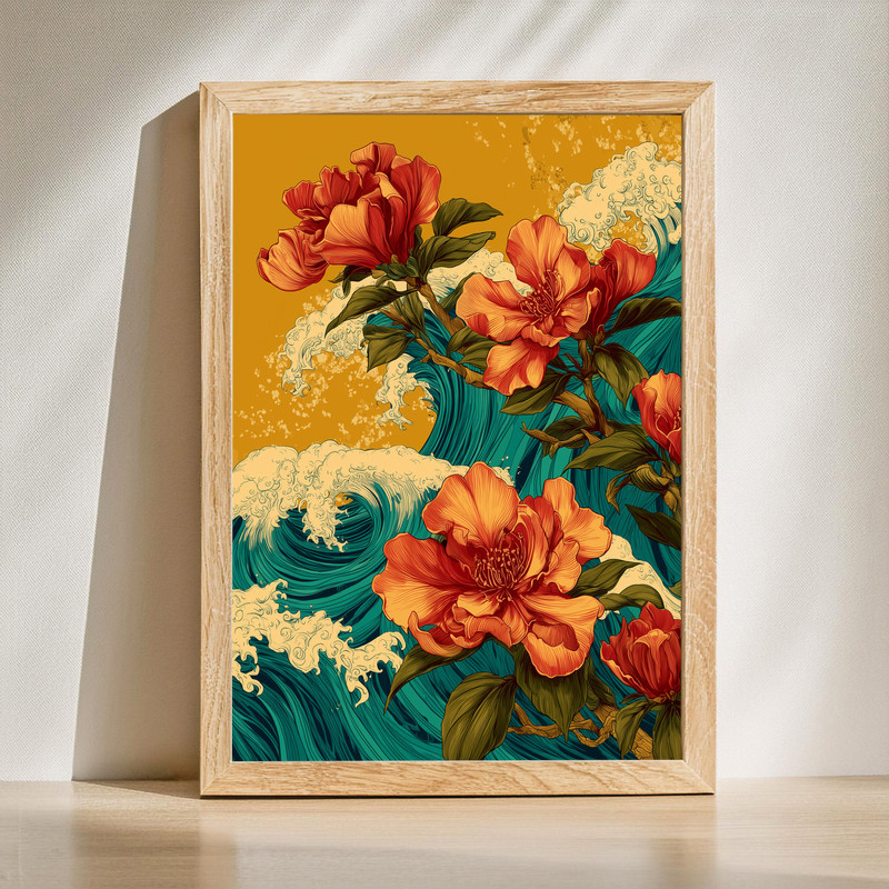 Golden azaleas canvas wall art with coastal botanical blooms and teal sea tones, a serene accent for living room decor | Family Wall Decor