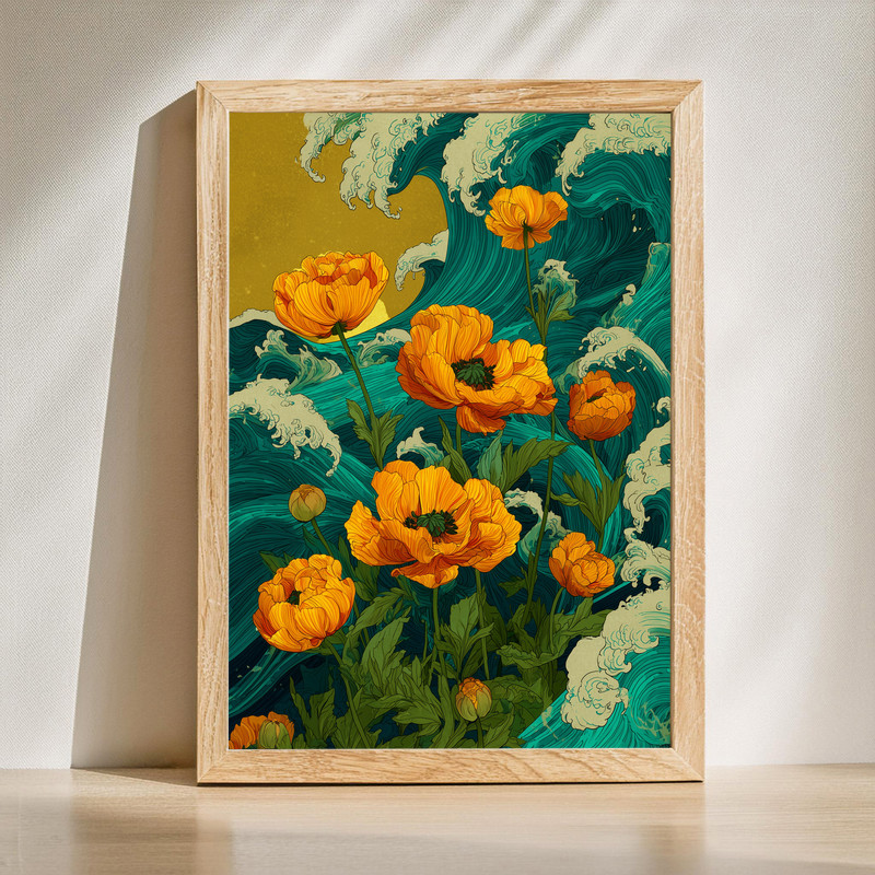 Golden horizon anemones canvas wall art with sunlit sea and teal waves, modern coastal painting for serene living room decor | Family Wall Decor