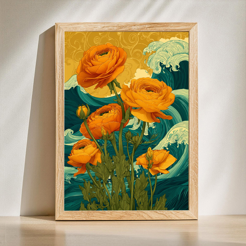 Golden Horizon ranunculi canvas wall art blooms dancing above a tranquil sea, coastal abstract in gold and teal hues