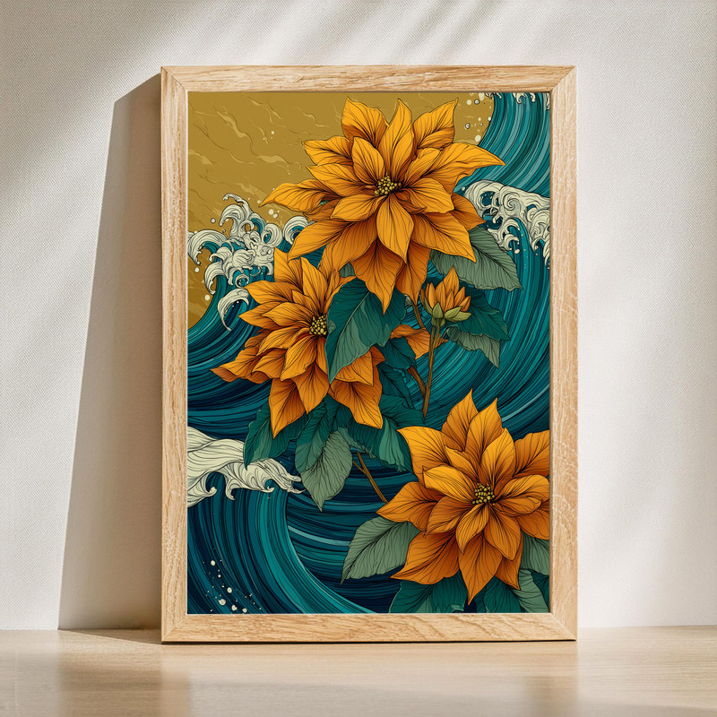 Golden sky poinsettias canvas wall art with wave-inspired brushstrokes and gold accents, modern abstract floral, landscape Golden sky poinsettias canvas wall art with wave-inspired brushstrokes and gold accents, modern abstract floral, landscape