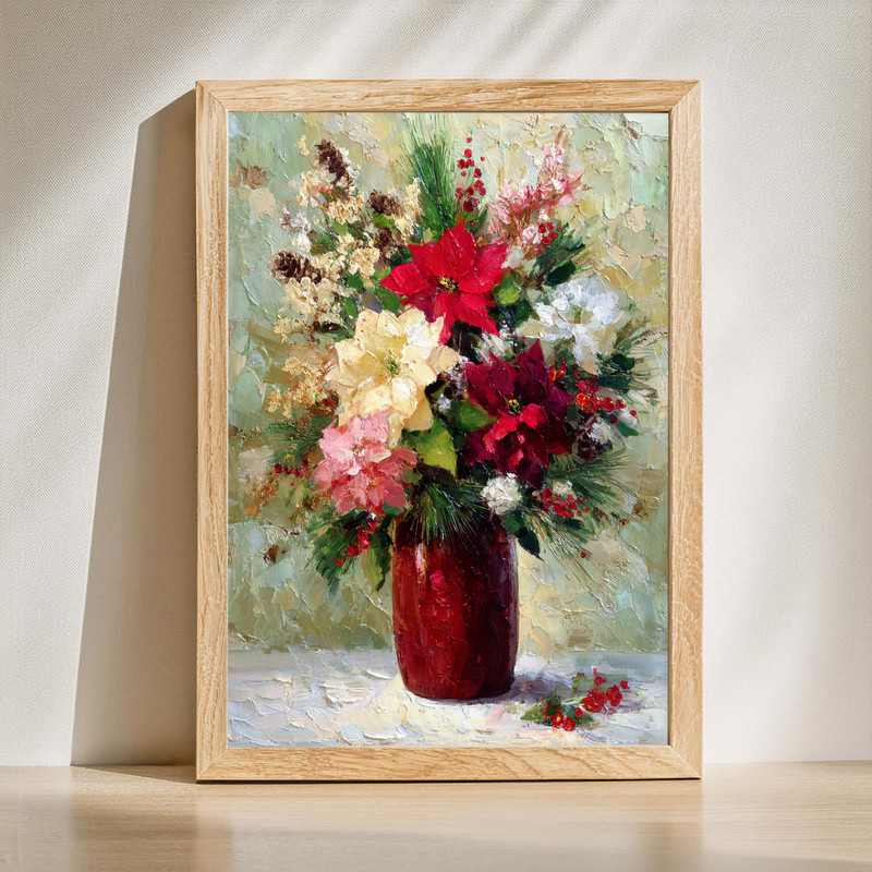 Christmas floral canvas wall art with poinsettias and holly, gallery-wrapped for dorm room decor, vertical portrait style | Familywalldecor