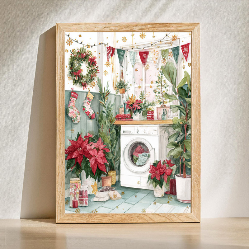 Cozy watercolor Christmas scene canvas wall art with washer, dryer, stockings, and garland, perfect for festive laundry room decor | Familywalldecor