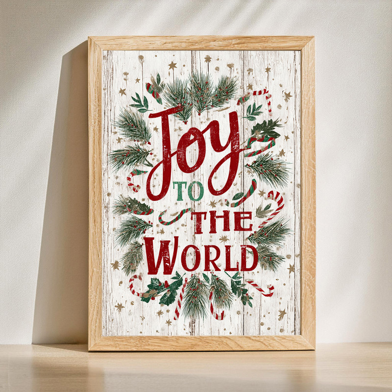 Joy to the World canvas wall art, rustic design for dorm room decor with distressed typography and warm neutral tones | Family Wall Decor