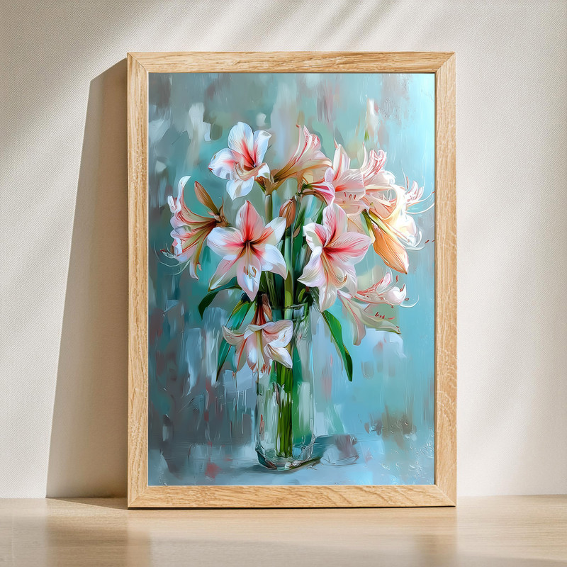 Amaryllis still life canvas wall art featuring blooms in a vase, soft neutral background, painterly texture, timeless decor | Family Wall Decor