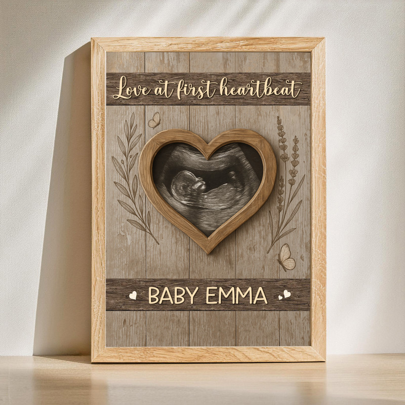 Love At First Heartbeat ultrasound canvas wall art, rustic farmhouse style with personalized names and date, nursery decor